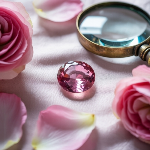 A faceted pink gemstone rests on soft fabric surrounded by pink rose petals and blooms, next to a vintage magnifying glass. Elegant and loving ambiance.