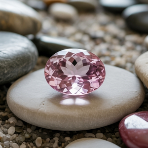 A sparkling pink kunzite gemstone rests on smooth stones, surrounded by pebbles in soft focus. The scene conveys elegance and tranquility.