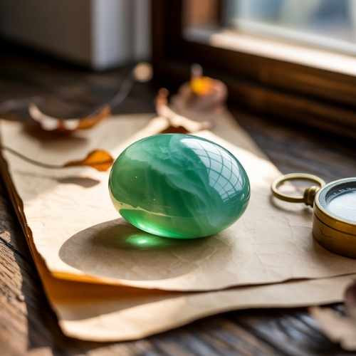 A smooth, translucent green stone rests on parchment paper with dry leaves and a vintage compass beside it. Sunlight streams in, creating a serene mood.