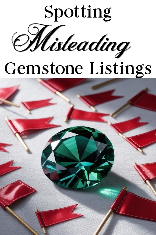 A green gemstone lies among numerous small red flags on a white surface. Above, bold text reads "Spotting Misleading Gemstone Listings," indicating caution.