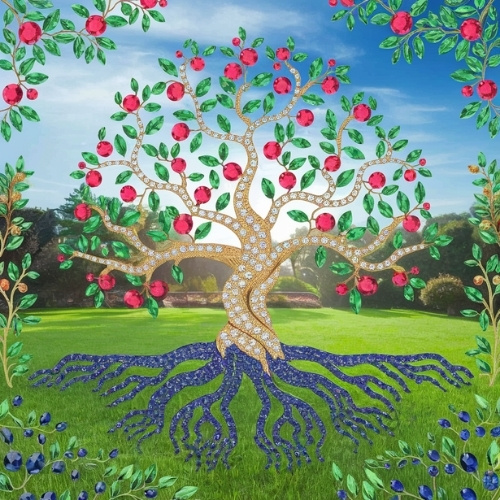 A tree with a jeweled trunk and roots sparkles against a vibrant blue sky, adorned with red and green gem-like fruits and leaves. The mood is whimsical and enchanting.