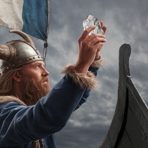 A Viking in traditional attire and a horned helmet holds a stone upwards on a ship. The sky is overcast, adding a sense of mystery and adventure.