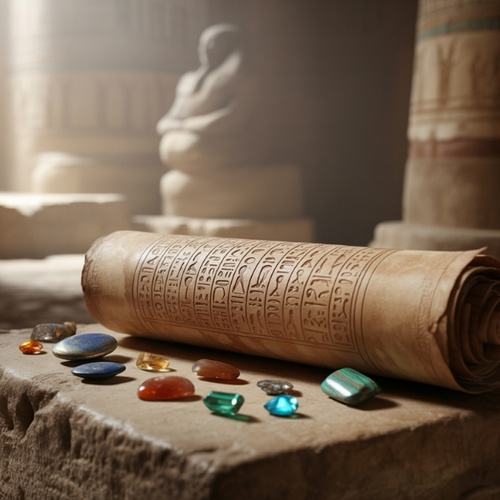 Ancient scroll with hieroglyphs lies on a stone surface, surrounded by colorful gemstones in an Egyptian tomb. The scroll is a copy of the book of the dead