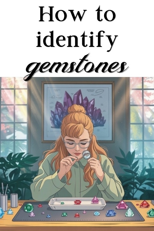 A woman with glasses examines gemstones using a magnifying glass at a table. The setting is serene, with a large gem poster and soft natural light. Text reads 'how to identify gemstones'