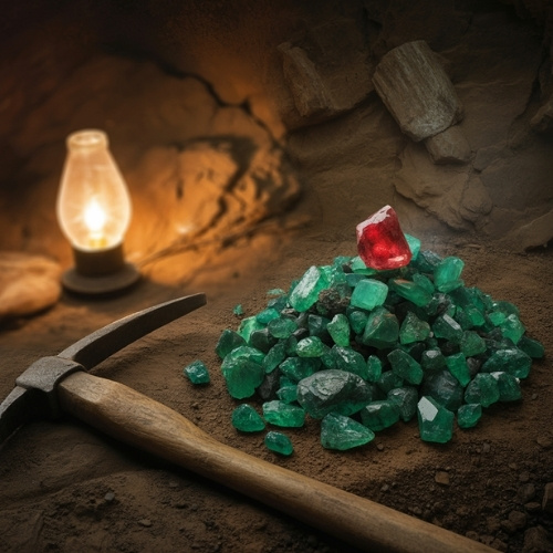 A pile of raw green gems and a single red gem rest on dirt beside a pickaxe. A glowing oil lamp creates a warm, rustic atmosphere.