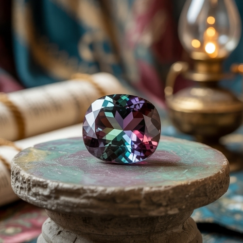 A large alexandrite gemstone sits on a stone pedestal. The background features a vintage lamp and rolled manuscripts, creating an ornate, historical atmosphere.