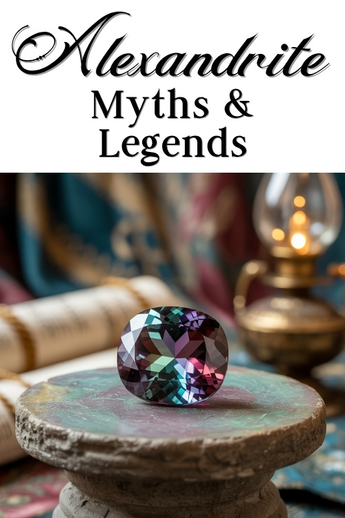 A large alexandrite gemstone on a stone pedestal, casting colorful reflections. Background includes antique books and a glowing oil lamp, with text "Alexandrite Myths & Legends."