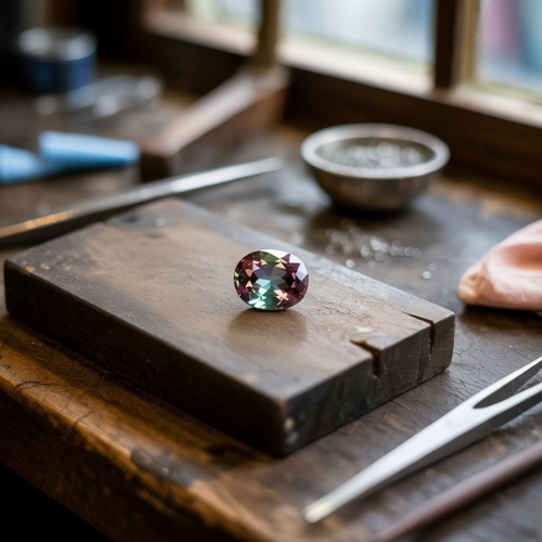 A sparkling, multicolored gemstone sits on a wooden workbench surrounded by jeweler's tools. Sunlight filters in, creating a calm, focused atmosphere.