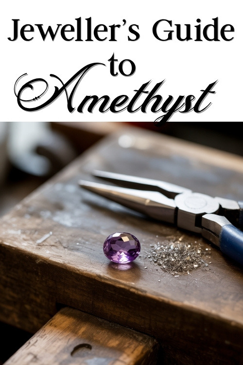 A polished amethyst gemstone sits on a jeweler’s workbench next to a pair of pliers and small crystals, evoking creativity and craftsmanship. Text: "Jeweller's Guide to Amethyst."