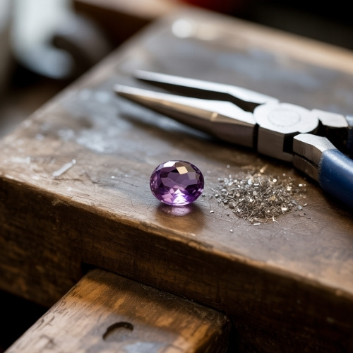 A polished purple amethyst gemstone sits on a wooden workbench beside small metal shards and pliers, reflecting a careful, artisanal crafting scene.