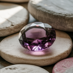 A polished, faceted purple amethyst gemstone rests on smooth, stacked stones. Soft light highlights reflections, creating an elegant and serene atmosphere.
