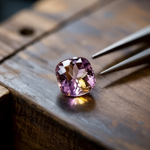 A faceted, multicolored ametrine gemstone with purple and yellow hues rests on a wooden surface, illuminated by light. Tweezers are positioned nearby.