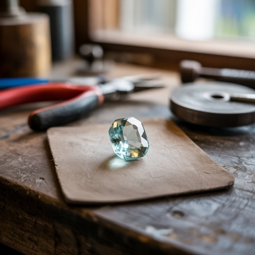 A faceted blue aquamarine gemstone rests on a piece of leather. Nearby, pliers and tools suggest a craftsman's workbench, evoking a sense of artisanal craftsmanship.