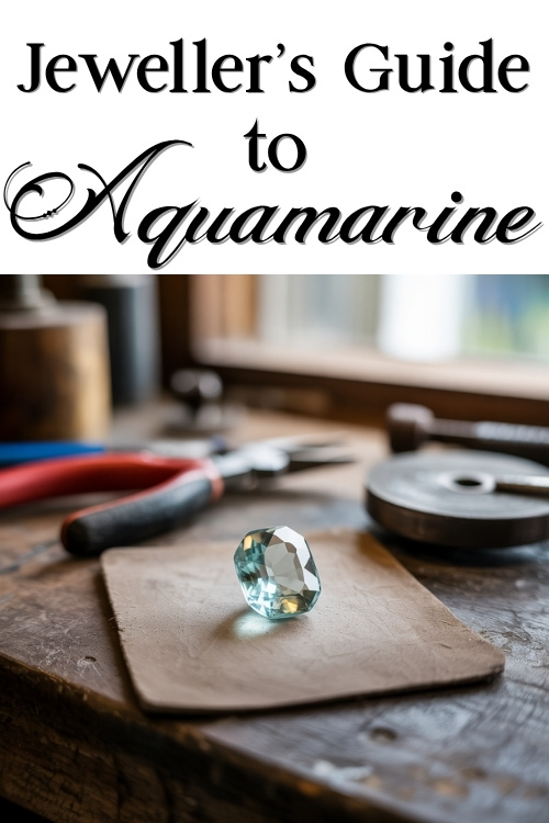 A faceted aquamarine gemstone sits on a leather pad in a jeweler's workshop, surrounded by tools. Text above reads "Jeweller's Guide to Aquamarine."
