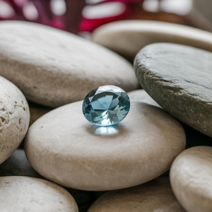 A polished blue aquamarine gemstone sits elegantly atop smooth, stacked stones. The setting exudes tranquility and balance with a soft, natural tone.