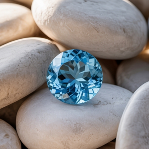 A sparkling, round blue topaz gemstone rests on smooth beige pebbles, reflecting light and creating a serene, sophisticated ambiance.