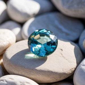 A sparkling blue zircon gemstone rests on smooth white pebbles, bathed in sunlight. The scene conveys a sense of serenity and natural beauty.
