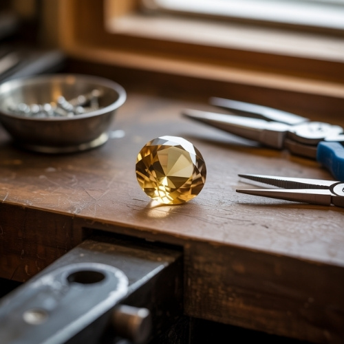 A faceted citrine gemstone sits on a wooden workbench. Nearby, pliers and a shallow dish of screws suggest a creative jewelry-making scene. Warm lighting conveys a cozy atmosphere.