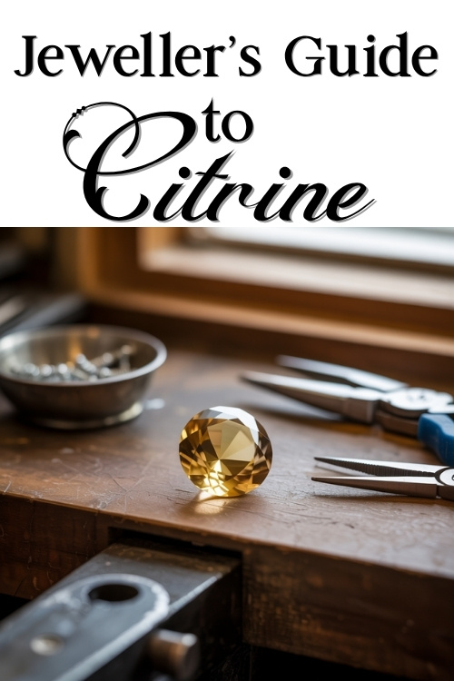 A large citrine gemstone glistens on a jeweler's workbench alongside tools under soft lighting. Text above reads 'Jeweller’s Guide to Citrine.'