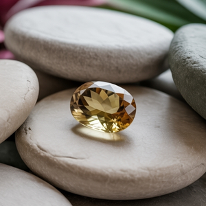 A faceted, oval, yellow citrine gemstone rests atop smooth, stacked gray stones. The scene is serene, with soft lighting and blurred green leaves in the background.