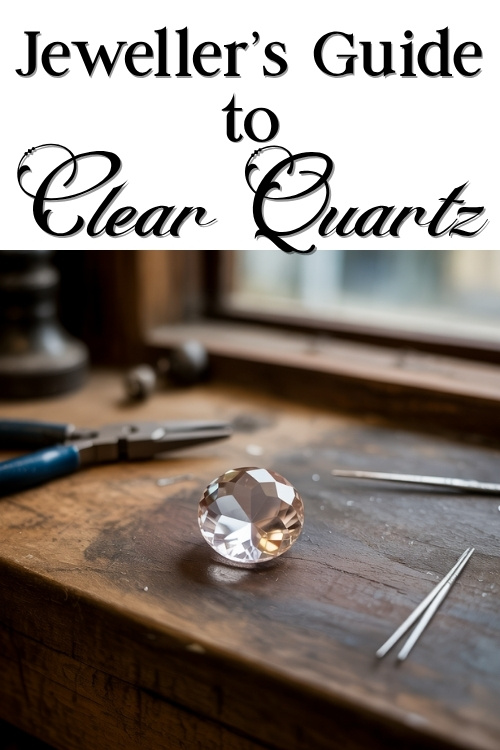 A round clear quartz gem sits on a rustic wooden workbench, surrounded by precision tools. Above, the text reads 'Jeweller’s Guide to Clear Quartz' in elegant font, suggesting an informative and artisanal tone.