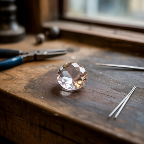 A faceted Clear Quartz crystal rests on a wooden workbench, surrounded by jewelry tools. Sunlight from a window casts soft shadows, creating a peaceful, artisanal atmosphere.