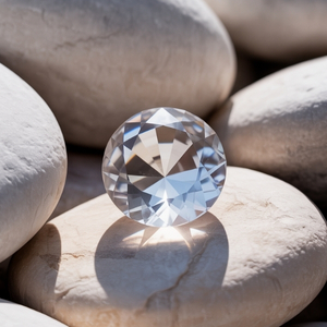 A sparkling clear quartz rests on smooth, white stones under bright sunlight. The image conveys luxury and tranquility, with a focus on elegance and clarity.