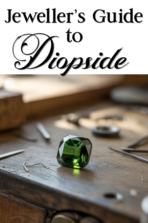 A polished green diopside gemstone sits on a jeweler's workbench surrounded by tools, under the text "Jeweller’s Guide to Diopside."