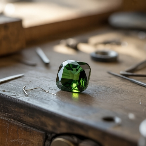 A faceted green diopside gemstone sits on a wooden workbench, surrounded by scattered tools. Sunlight highlights its sparkle, creating a focused, artisanal feel.