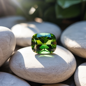 A radiant, green diopside gemstone sits on smooth white stones, illuminated by soft sunlight. The scene conveys a serene and elegant atmosphere.