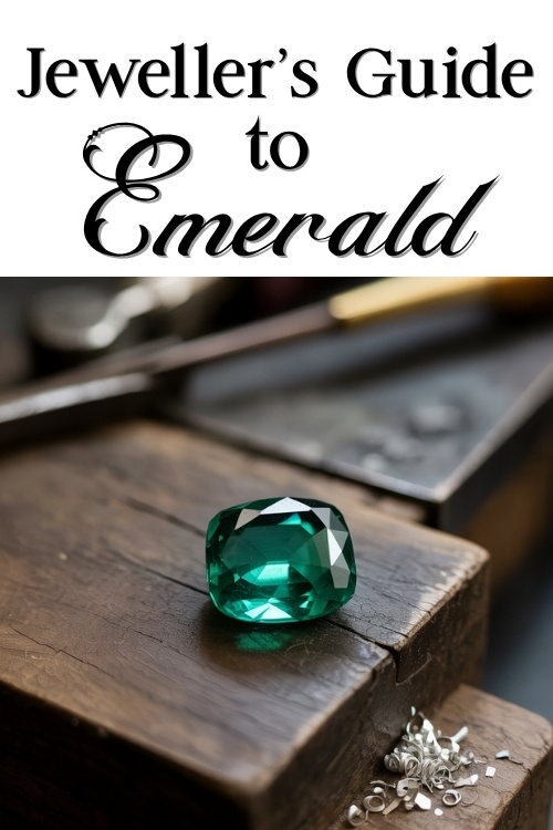 A polished emerald rests on a wooden table with jeweler's tools blurred in the background. The text above reads "Jeweller's Guide to Emerald."
