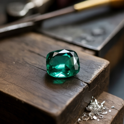 A large emerald-cut gemstone sits on a rustic wooden table, surrounded by small metal shavings. The scene conveys an artisanal and elegant atmosphere.