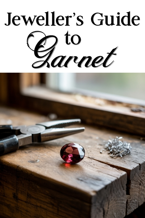 Jeweller's Guide to Garnet. A deep red garnet gemstone sits on a rustic wooden table beside pliers and silver chains, suggesting craftsmanship.