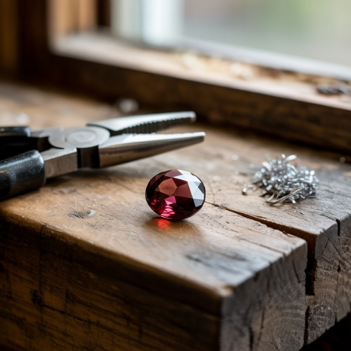 A shiny red garnet gemstone lies on a weathered wooden table beside a pair of pliers and metal pins, evoking a rustic and creative atmosphere.