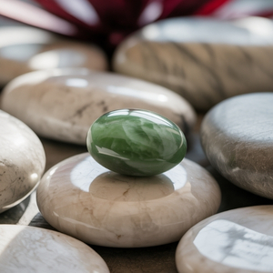 A smooth green jade gemstone is centered on white marble stones, reflecting soft light. The arrangement conveys a sense of peace and natural beauty.