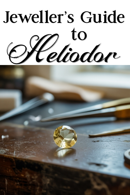 A sparkling yellow heliodor gemstone on a workbench, surrounded by jeweler's tools. Text above reads "Jeweller’s Guide to Heliodor." Warm lighting.