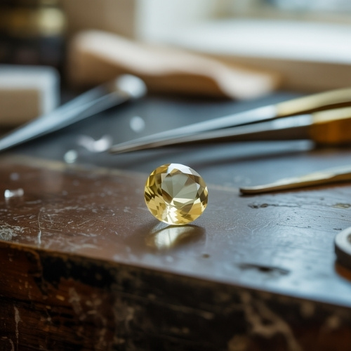 Lustrous yellow heliodor gemstone on a rustic workbench with scattered jewelry tools, like tweezers and picks, creating an artisanal, focused atmosphere.