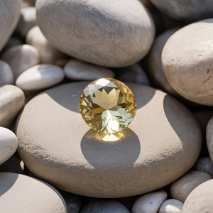 A sparkling, faceted yellow heliodor gemstone sits atop smooth, round stones in soft, natural light, creating a serene and elegant composition.
