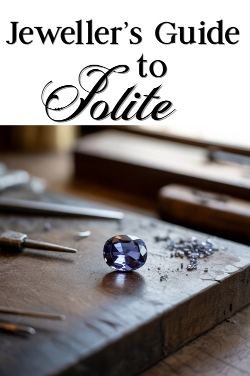 A polished iolite gemstone on a jeweler's workbench with tools and scattered scrap metal. Text reads "Jeweller’s Guide to Polite" above.