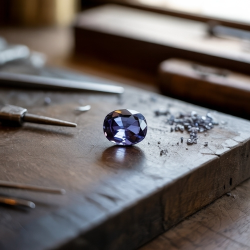 A polished iolite gemstone sits on a rustic wooden table surrounded by tools and tiny metal scraps, evoking an artisanal, creative atmosphere.
