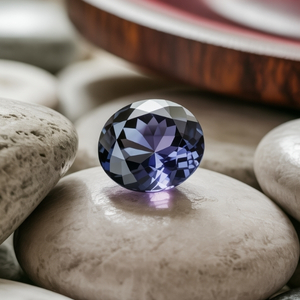 A faceted, oval-shaped blue iolite gemstone rests on smooth, white pebbles, with a blurred wooden plate in the background, conveying elegance and serenity.