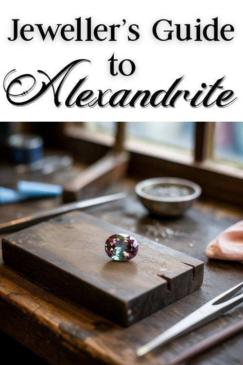 Jeweller's Guide to Alexandrite. An oval alexandrite gemstone rests on a wooden workbench, surrounded by tools, evoking a sense of craftsmanship.