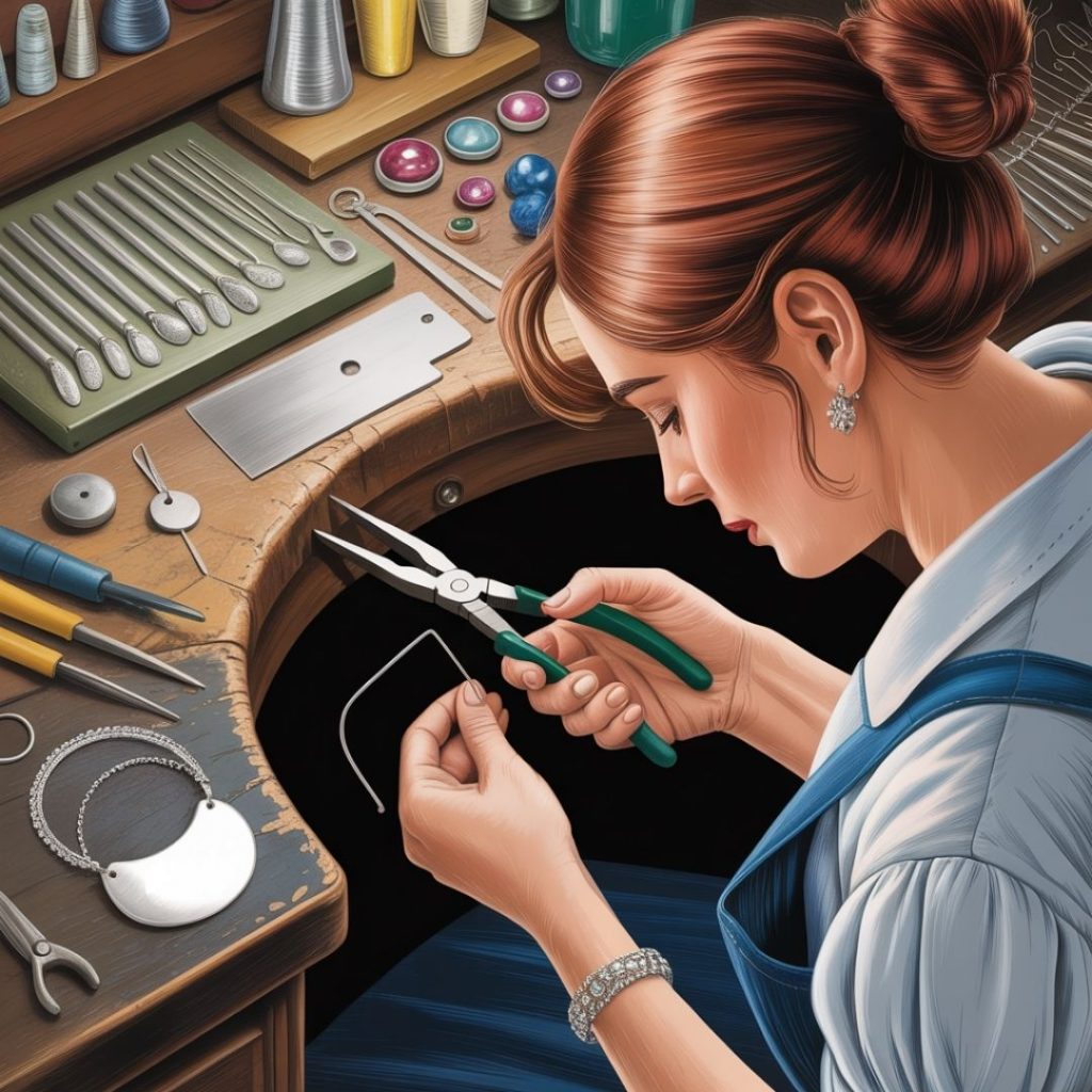 A women sitting at a jewellers bench making jewellery