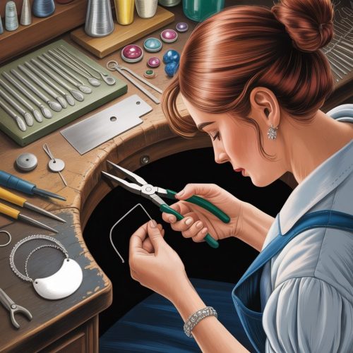 A women sitting at a jewellers bench making jewellery
