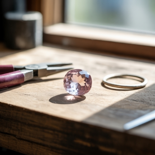 A faceted pink kunzite gemstone sits on a sunlit wooden workbench beside jewelry-making tools, creating a calm, artisanal atmosphere.
