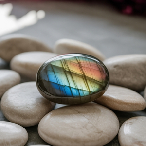 A polished labradorite stone displaying iridescent colors of blue, yellow, and orange rests on smooth, white pebbles, evoking a sense of tranquility.