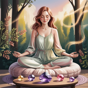 A woman meditating outdoors on a cushion, surrounded by colorful crystals and soft golden light, creating a serene and peaceful atmosphere.