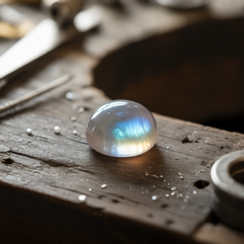 A luminous moonstone rests on an aged wooden workbench, reflecting soft hues of blue and gold. The setting conveys a warm, artisanal atmosphere.