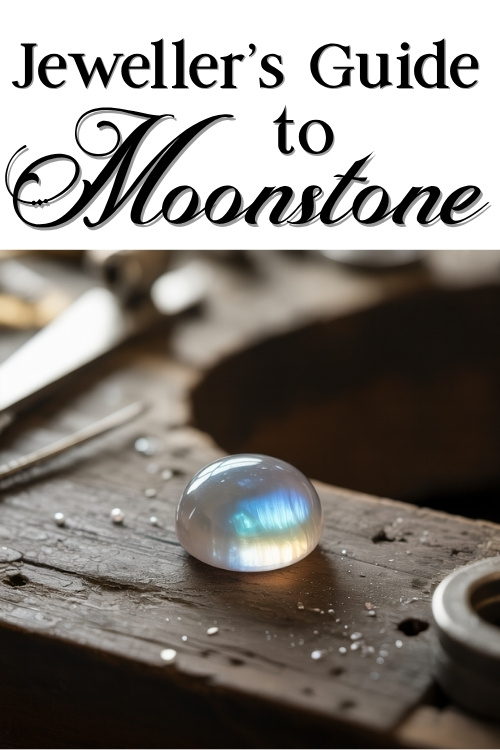 Close-up of a moonstone on a wooden workbench, surrounded by jeweler's tools. Text above reads "Jeweller's Guide to Moonstone." The mood is focused and artisanal.