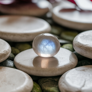 A smooth, translucent moonstone gemstone with a blue glimmer rests on polished white pebbles, creating a serene and calming atmosphere.